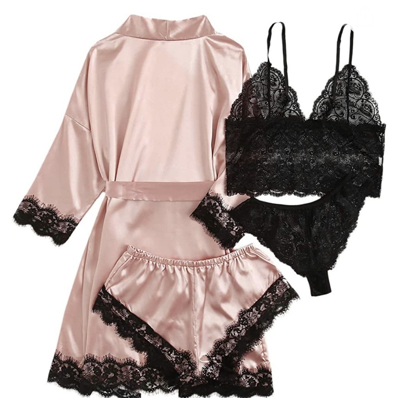 Lace-Painted Satin Pajamas 4-Piece Set