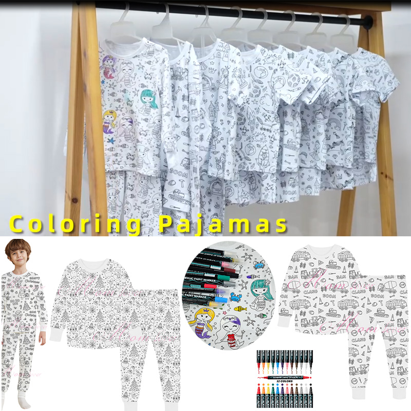 Kids Colouring Pajama Sets 3-8 Year Boys Girs Pajamas